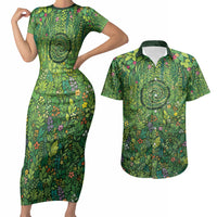 Polynesia Mother Nature Couples Matching Short Sleeve Bodycon Dress and Hawaiian Shirt Glowing Heart Spiral Tropical Vine Floral