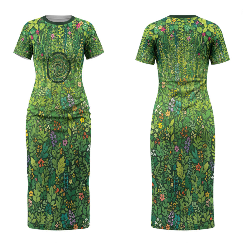 Polynesia Mother Nature Couples Matching Short Sleeve Bodycon Dress and Hawaiian Shirt Glowing Heart Spiral Tropical Vine Floral