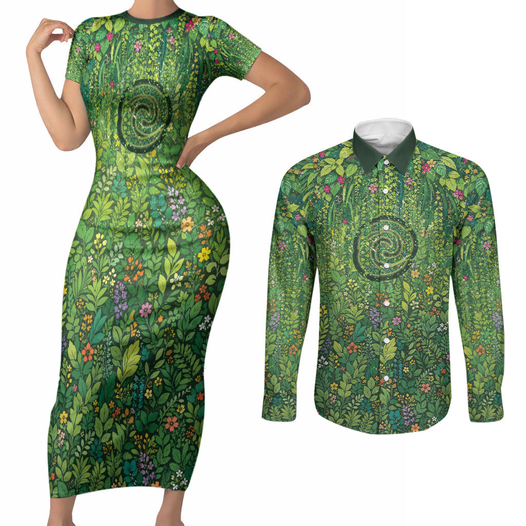 Polynesia Mother Nature Couples Matching Short Sleeve Bodycon Dress and Long Sleeve Button Shirt Glowing Heart Spiral Tropical Vine Floral