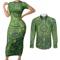 Polynesia Mother Nature Couples Matching Short Sleeve Bodycon Dress and Long Sleeve Button Shirt Glowing Heart Spiral Tropical Vine Floral