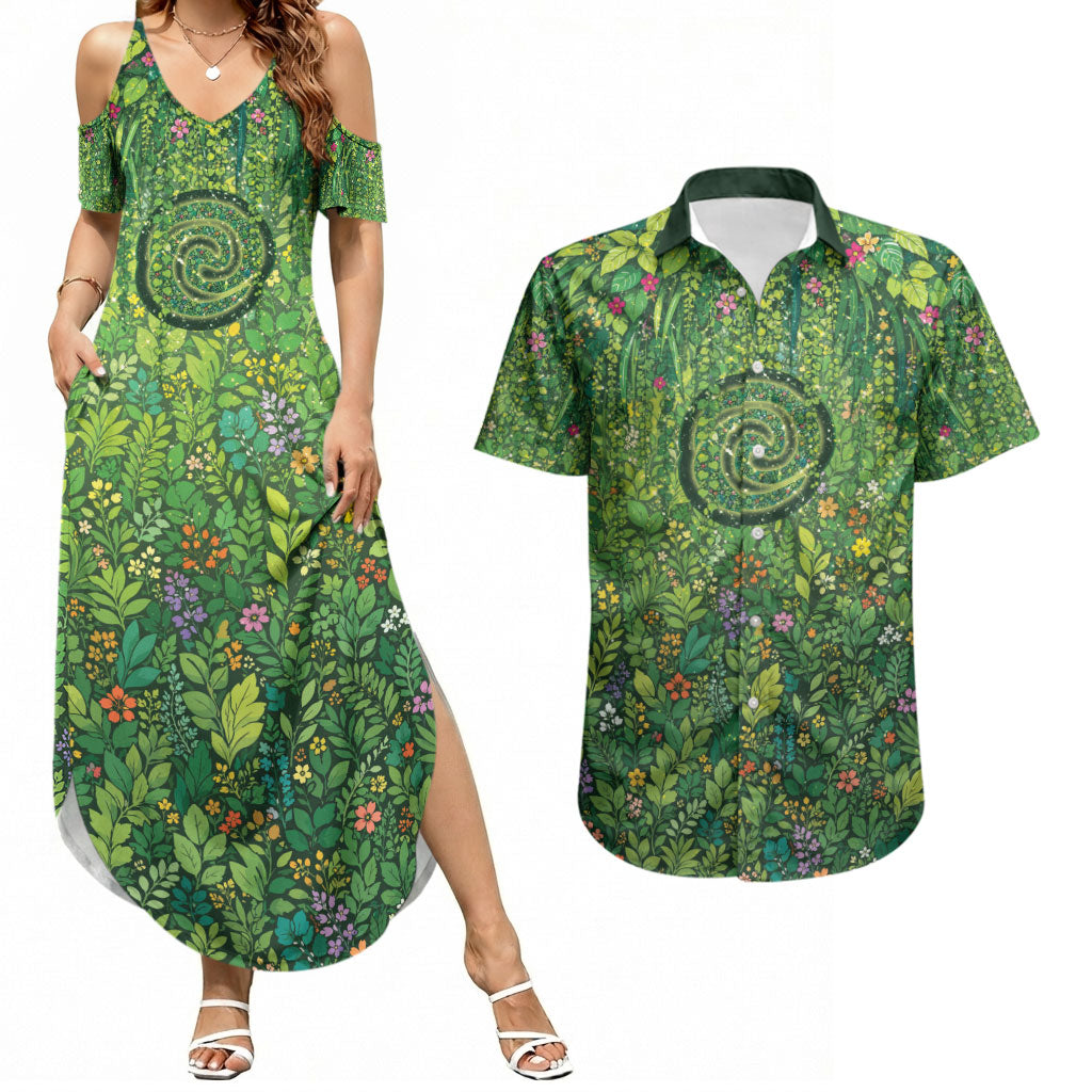 Polynesia Mother Nature Couples Matching Summer Maxi Dress and Hawaiian Shirt Glowing Heart Spiral Tropical Vine Floral