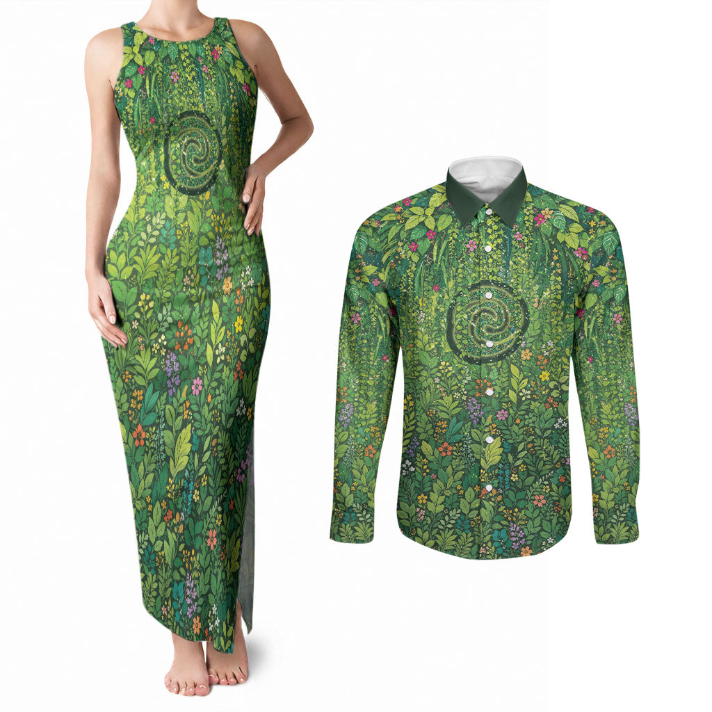 Polynesia Mother Nature Couples Matching Tank Maxi Dress and Long Sleeve Button Shirt Glowing Heart Spiral Tropical Vine Floral