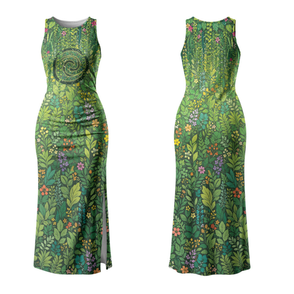 Polynesia Mother Nature Couples Matching Tank Maxi Dress and Long Sleeve Button Shirt Glowing Heart Spiral Tropical Vine Floral
