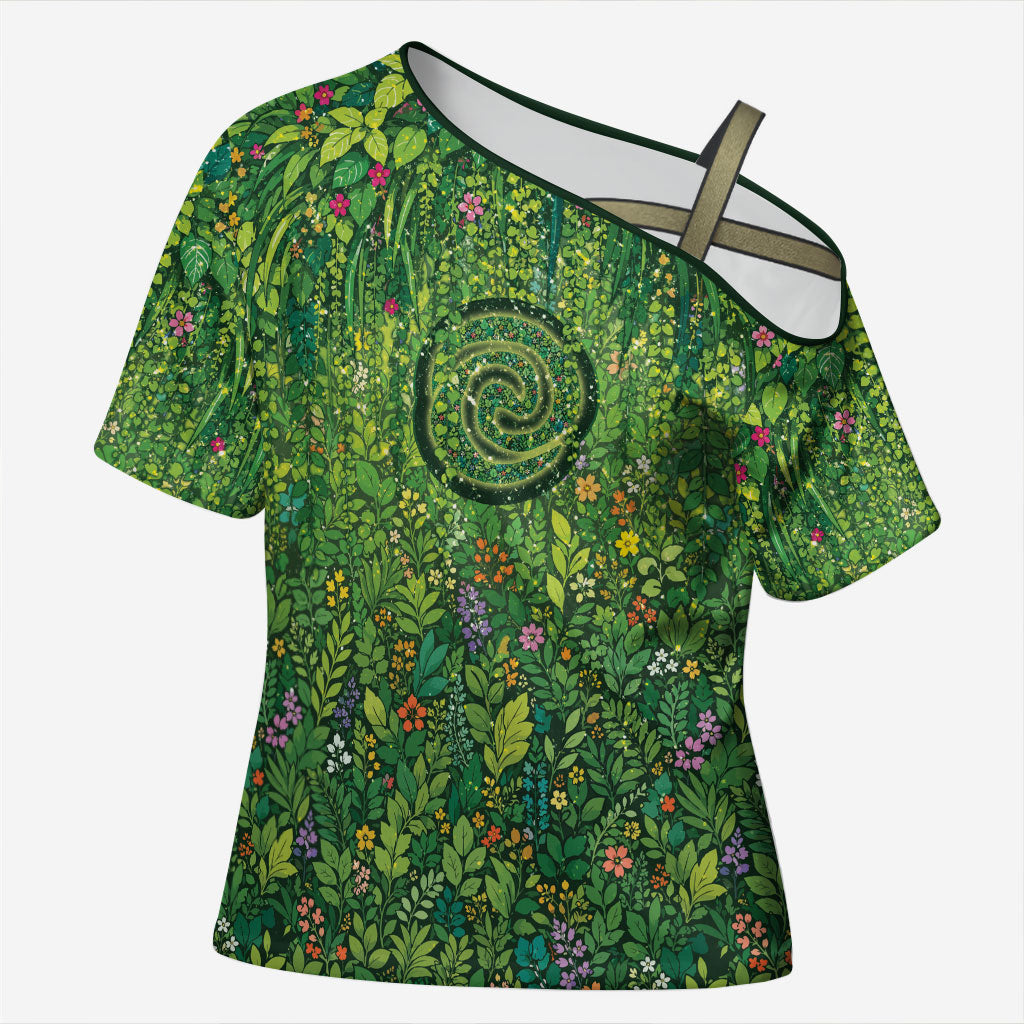 Polynesia Mother Nature Cross Shoulder Shirt Glowing Heart Spiral Tropical Vine Floral