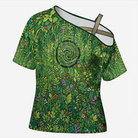 Polynesia Mother Nature Cross Shoulder Shirt Glowing Heart Spiral Tropical Vine Floral