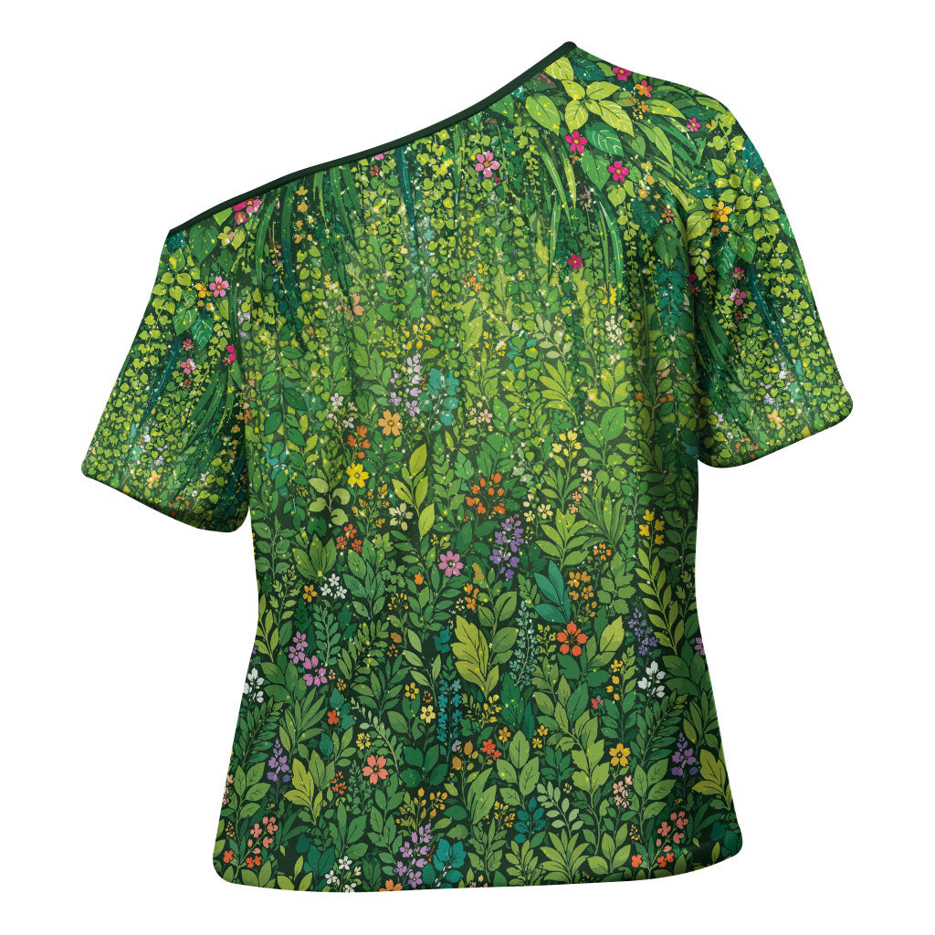 Polynesia Mother Nature Cross Shoulder Shirt Glowing Heart Spiral Tropical Vine Floral