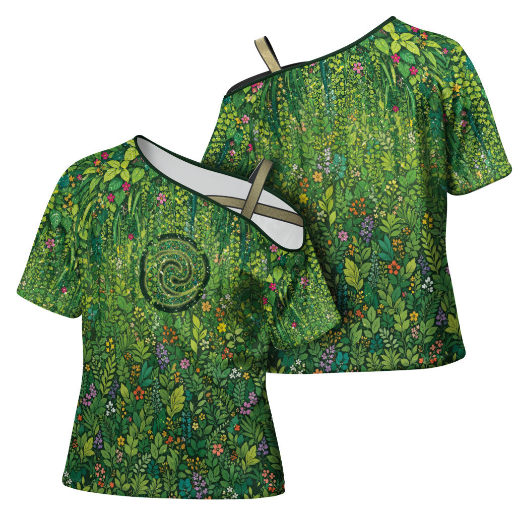 Polynesia Mother Nature Cross Shoulder Shirt Glowing Heart Spiral Tropical Vine Floral