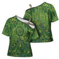 Polynesia Mother Nature Cross Shoulder Shirt Glowing Heart Spiral Tropical Vine Floral