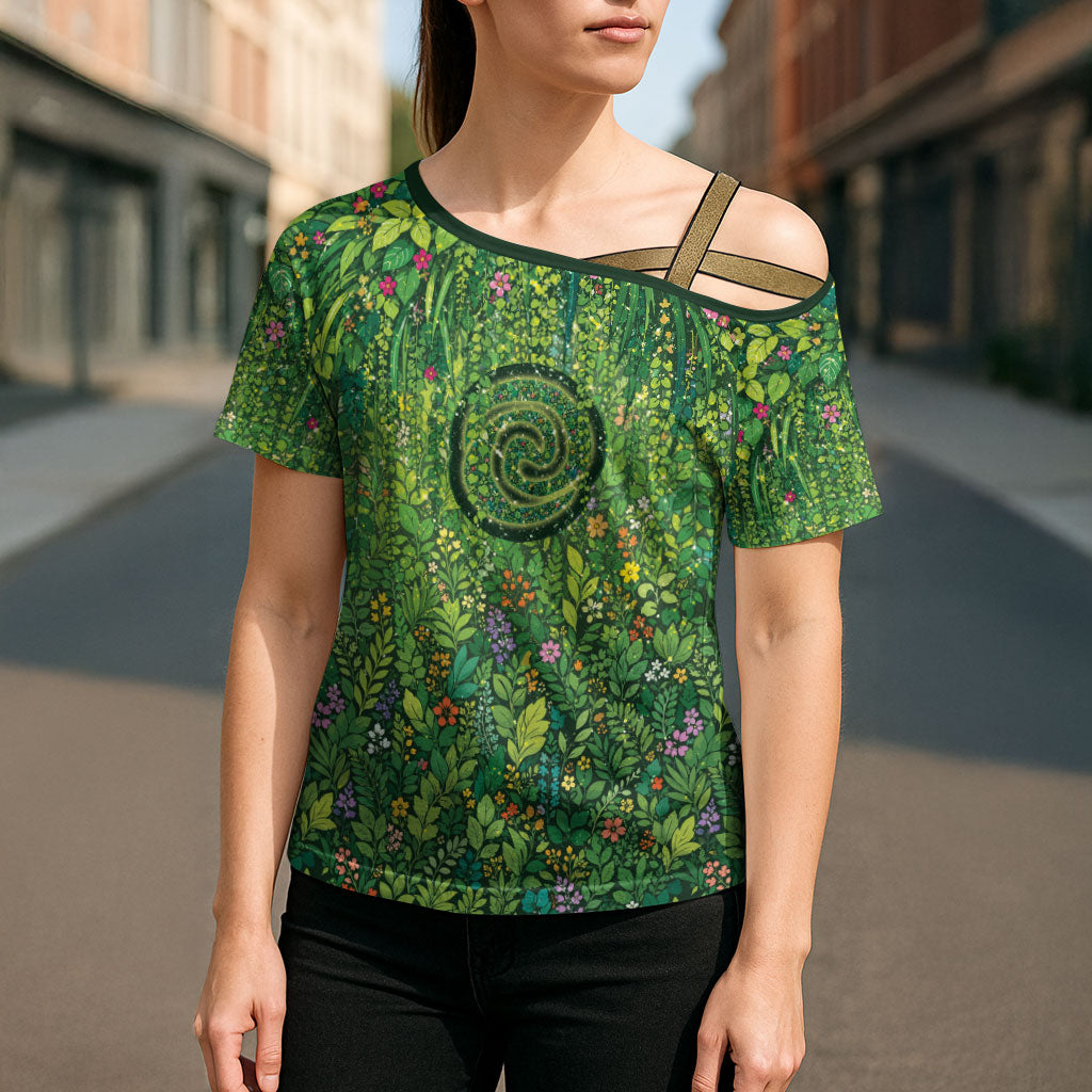 Polynesia Mother Nature Cross Shoulder Shirt Glowing Heart Spiral Tropical Vine Floral