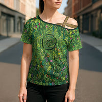 Polynesia Mother Nature Cross Shoulder Shirt Glowing Heart Spiral Tropical Vine Floral