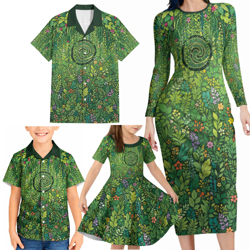 Polynesia Mother Nature Family Matching Long Sleeve Bodycon Dress and Hawaiian Shirt Glowing Heart Spiral Tropical Vine Floral