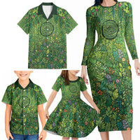 Polynesia Mother Nature Family Matching Long Sleeve Bodycon Dress and Hawaiian Shirt Glowing Heart Spiral Tropical Vine Floral