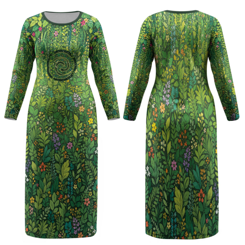 Polynesia Mother Nature Family Matching Long Sleeve Bodycon Dress and Hawaiian Shirt Glowing Heart Spiral Tropical Vine Floral
