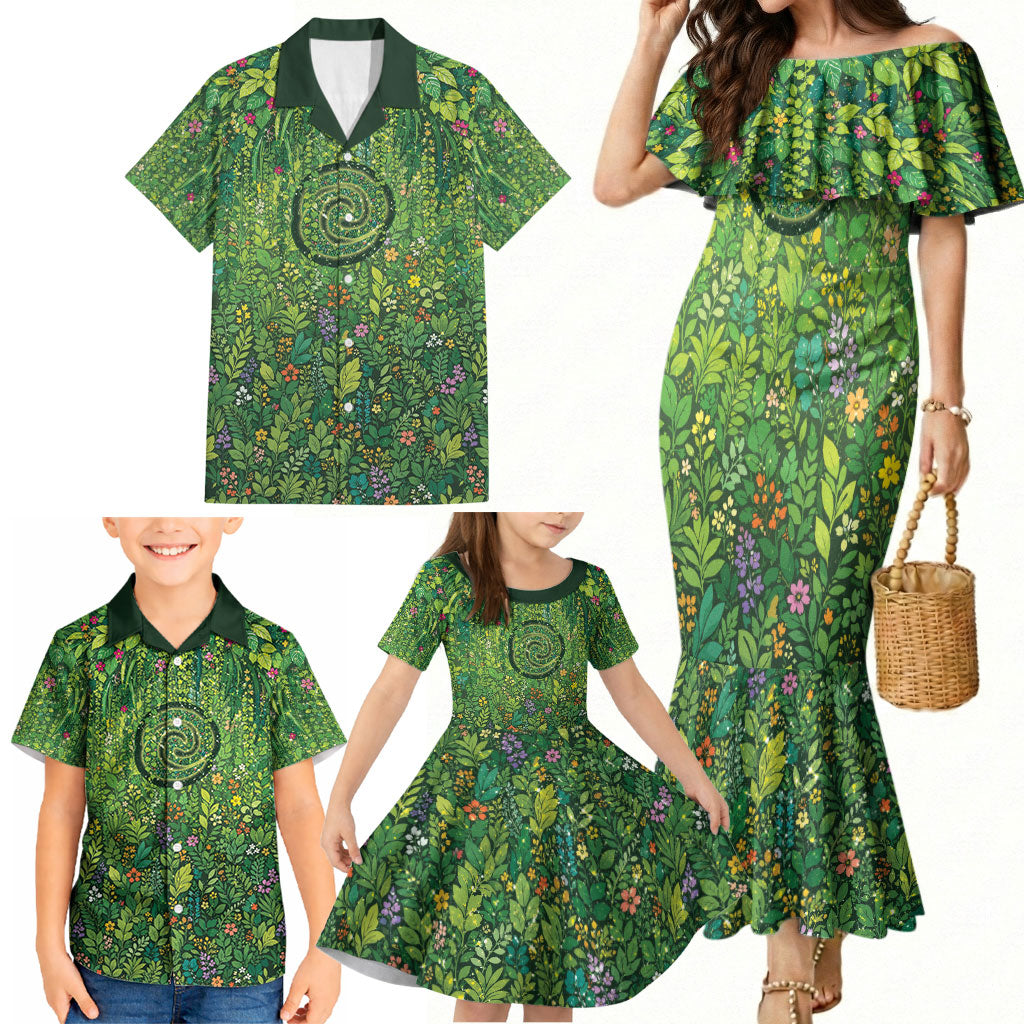 Polynesia Mother Nature Family Matching Mermaid Dress and Hawaiian Shirt Glowing Heart Spiral Tropical Vine Floral