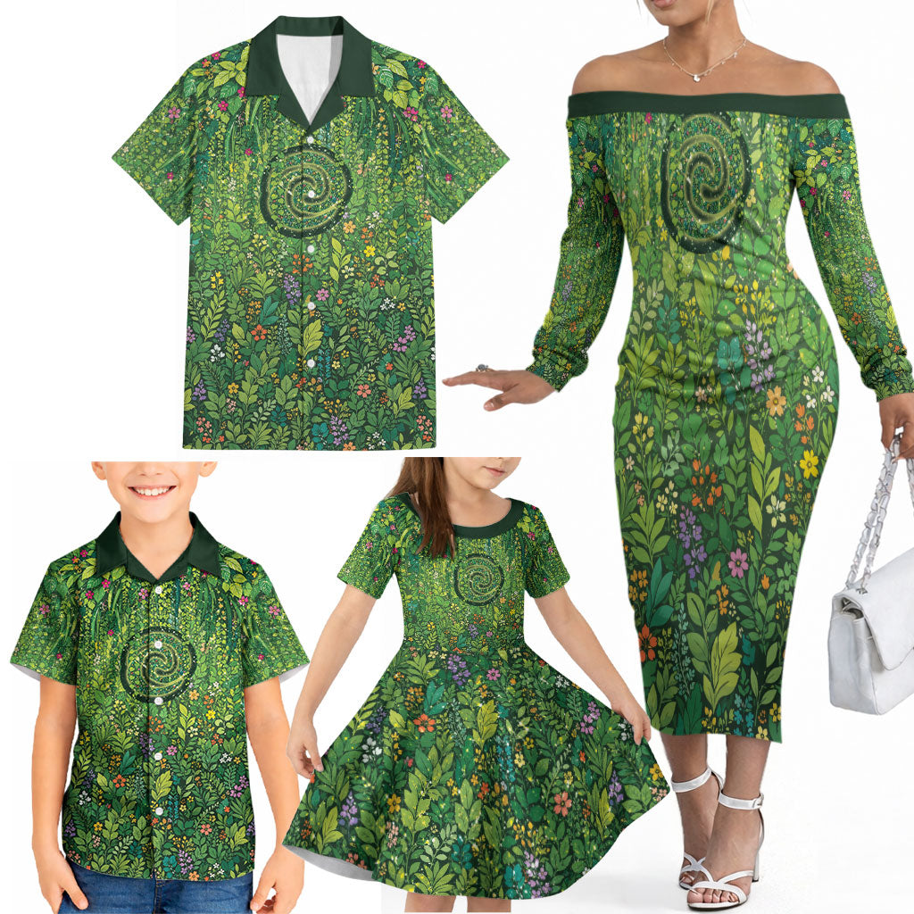 Polynesia Mother Nature Family Matching Off The Shoulder Long Sleeve Dress and Hawaiian Shirt Glowing Heart Spiral Tropical Vine Floral