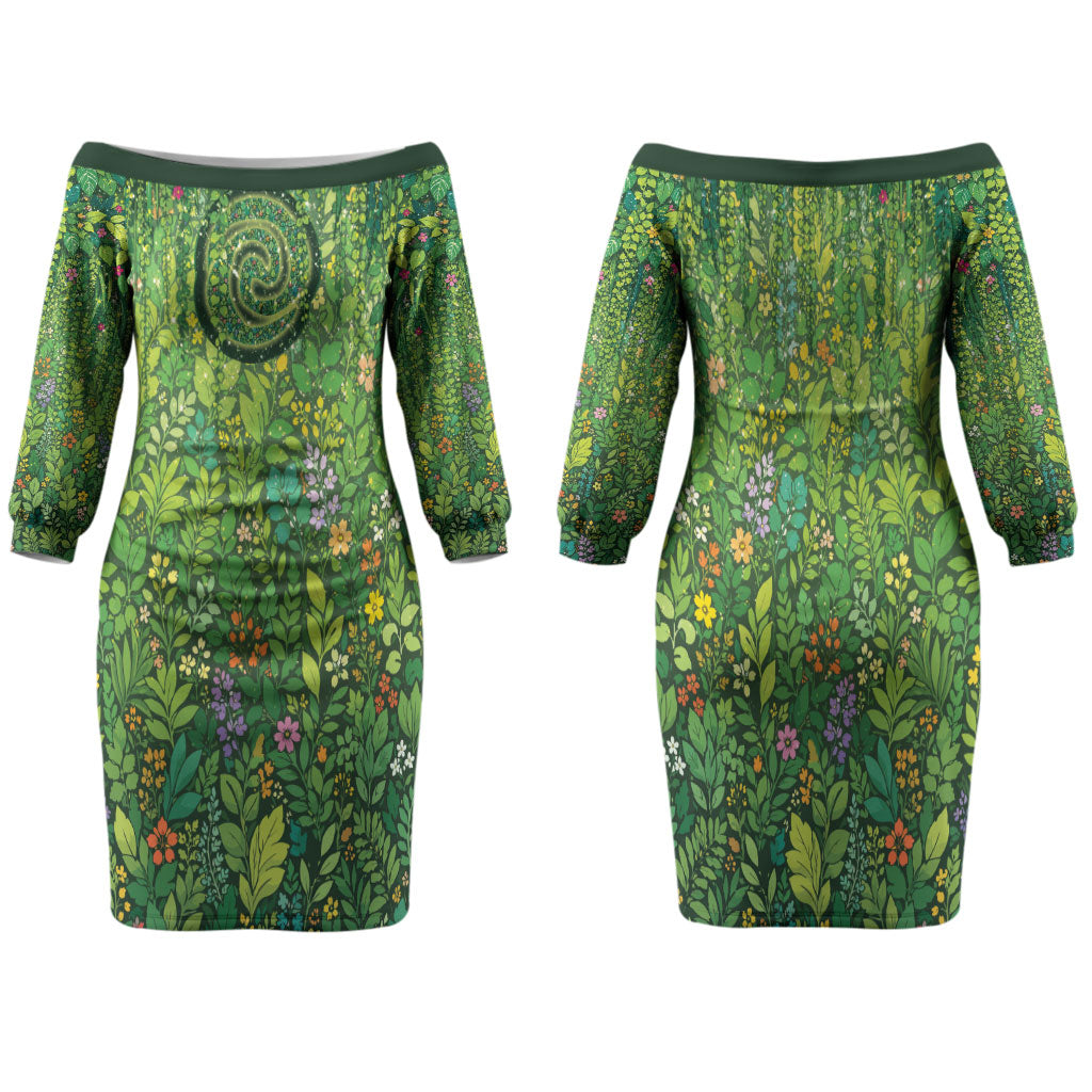 Polynesia Mother Nature Family Matching Off The Shoulder Long Sleeve Dress and Hawaiian Shirt Glowing Heart Spiral Tropical Vine Floral