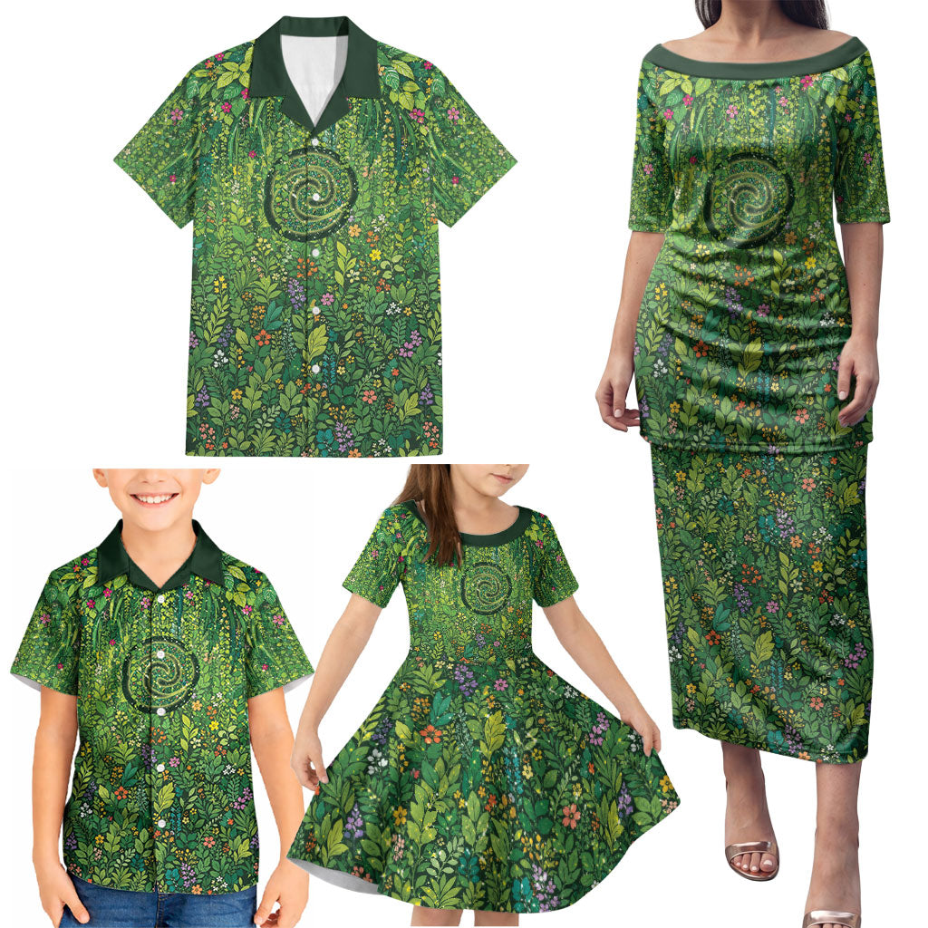 Polynesia Mother Nature Family Matching Puletasi and Hawaiian Shirt Glowing Heart Spiral Tropical Vine Floral