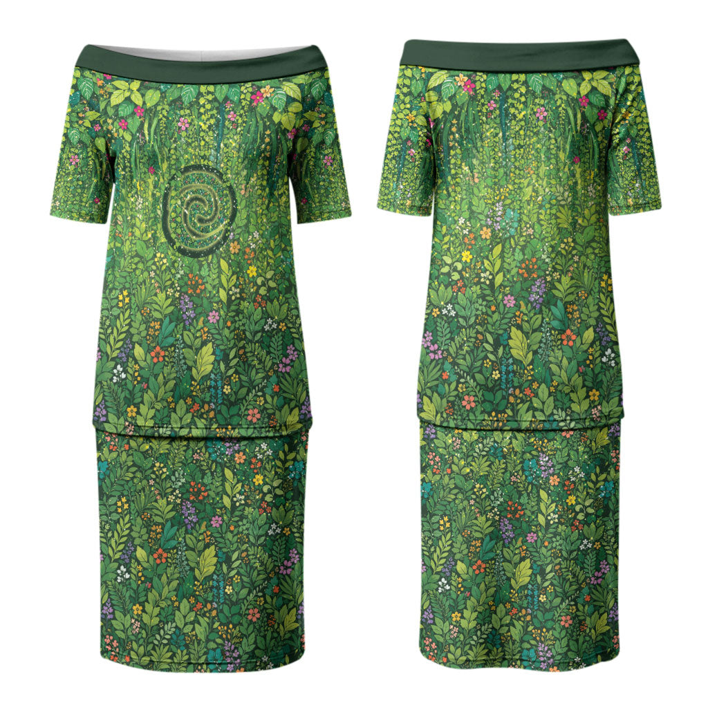 Polynesia Mother Nature Family Matching Puletasi and Hawaiian Shirt Glowing Heart Spiral Tropical Vine Floral
