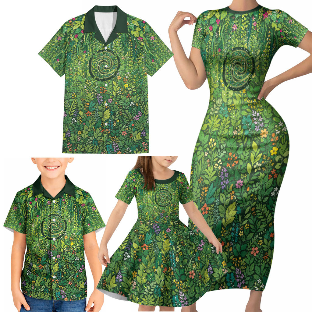 Polynesia Mother Nature Family Matching Short Sleeve Bodycon Dress and Hawaiian Shirt Glowing Heart Spiral Tropical Vine Floral