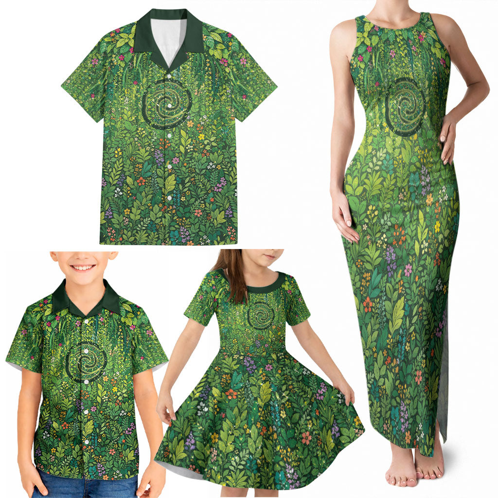 Polynesia Mother Nature Family Matching Tank Maxi Dress and Hawaiian Shirt Glowing Heart Spiral Tropical Vine Floral
