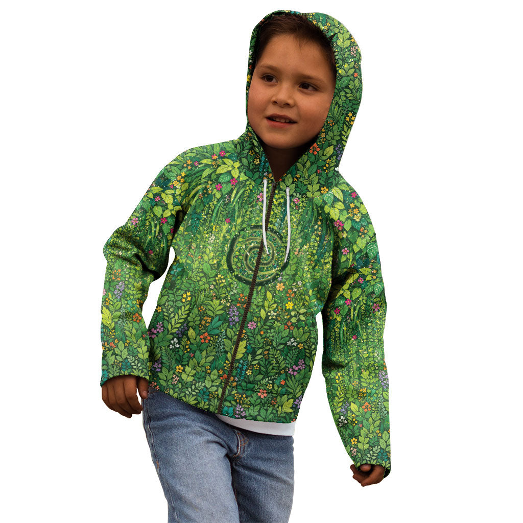 Polynesia Mother Nature Kid Hoodie Glowing Heart Spiral Tropical Vine Floral