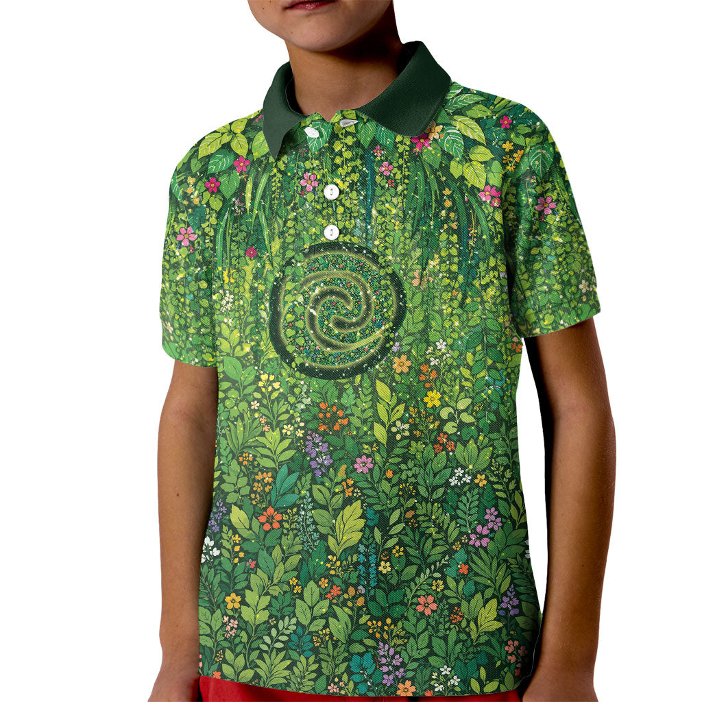Polynesia Mother Nature Kid Polo Shirt Glowing Heart Spiral Tropical Vine Floral