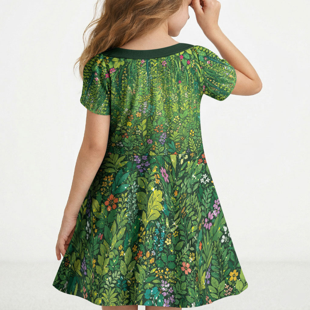 Polynesia Mother Nature Kid Short Sleeve Dress Glowing Heart Spiral Tropical Vine Floral