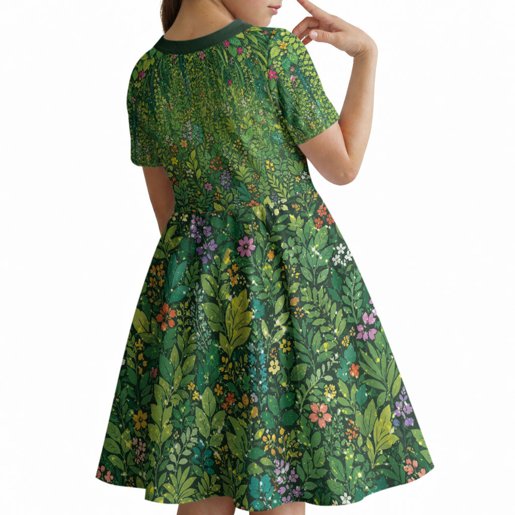 Polynesia Mother Nature Kid Short Sleeve Dress Glowing Heart Spiral Tropical Vine Floral