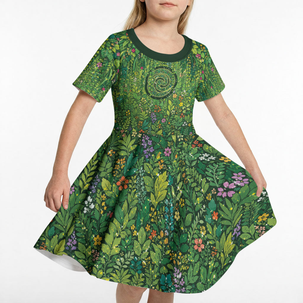 Polynesia Mother Nature Kid Short Sleeve Dress Glowing Heart Spiral Tropical Vine Floral