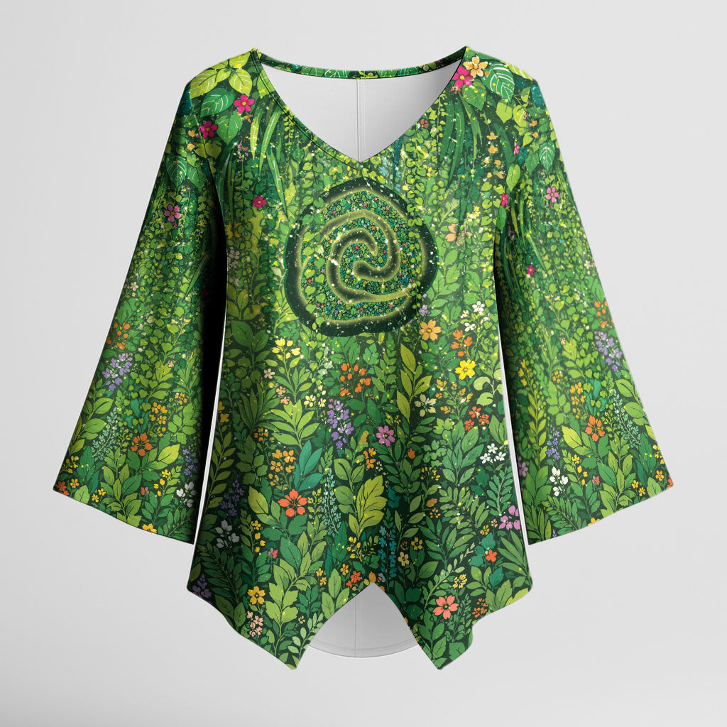 Polynesia Mother Nature Kimono Sleeve Blouse Glowing Heart Spiral Tropical Vine Floral