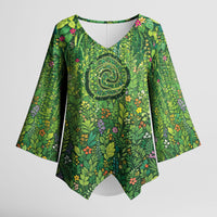 Polynesia Mother Nature Kimono Sleeve Blouse Glowing Heart Spiral Tropical Vine Floral