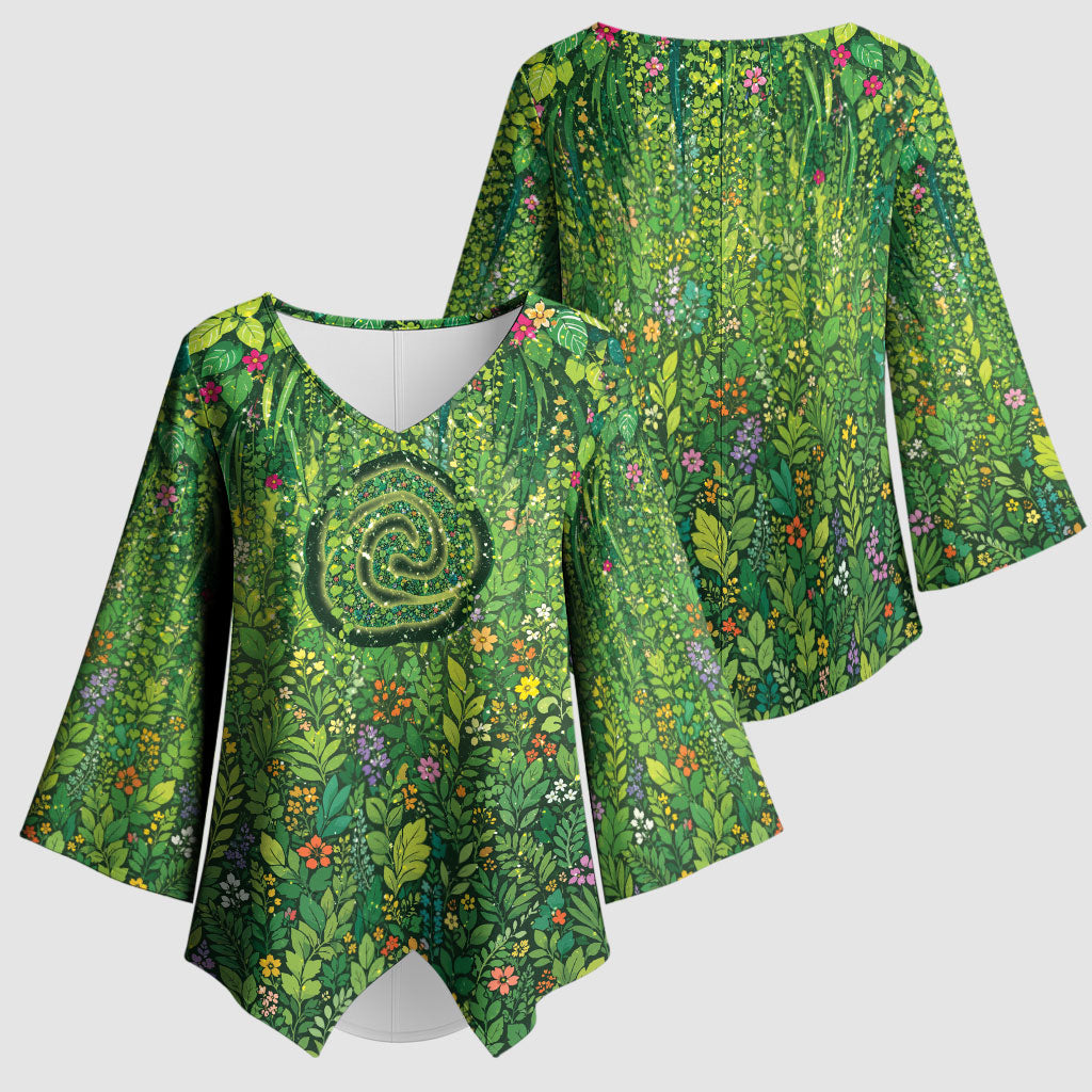 Polynesia Mother Nature Kimono Sleeve Blouse Glowing Heart Spiral Tropical Vine Floral