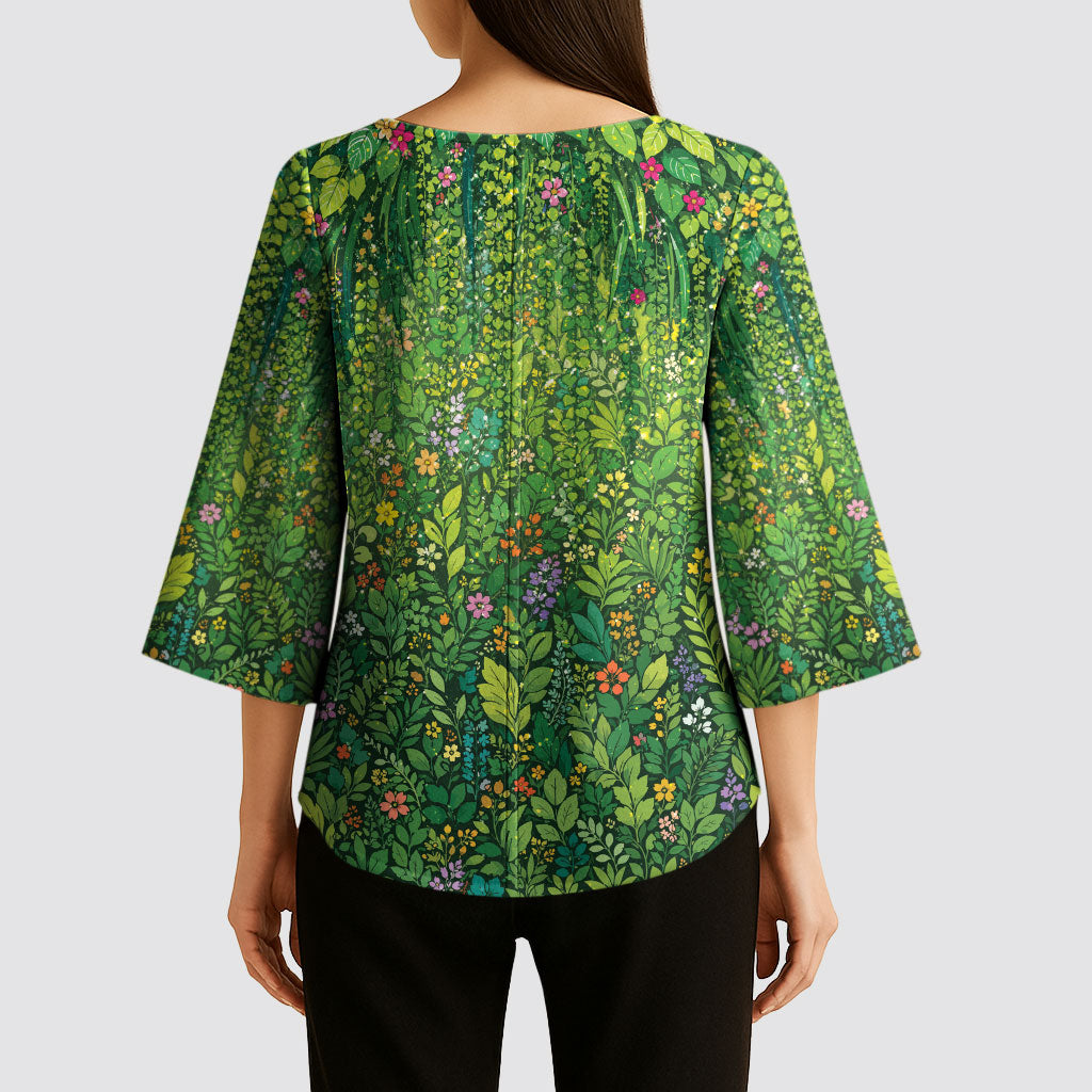 Polynesia Mother Nature Kimono Sleeve Blouse Glowing Heart Spiral Tropical Vine Floral
