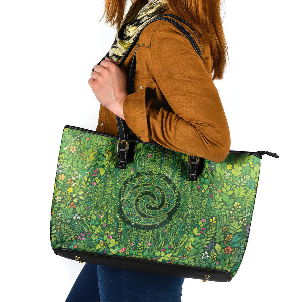 Polynesia Mother Nature Leather Tote Bag Glowing Heart Spiral Tropical Vine Floral
