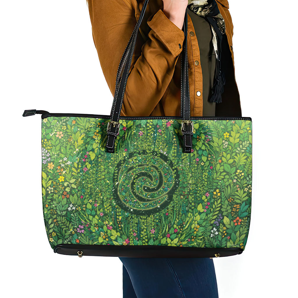 Polynesia Mother Nature Leather Tote Bag Glowing Heart Spiral Tropical Vine Floral
