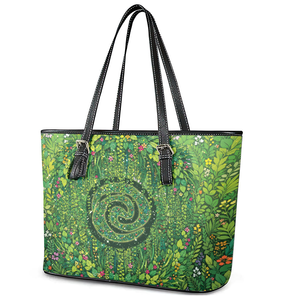 Polynesia Mother Nature Leather Tote Bag Glowing Heart Spiral Tropical Vine Floral
