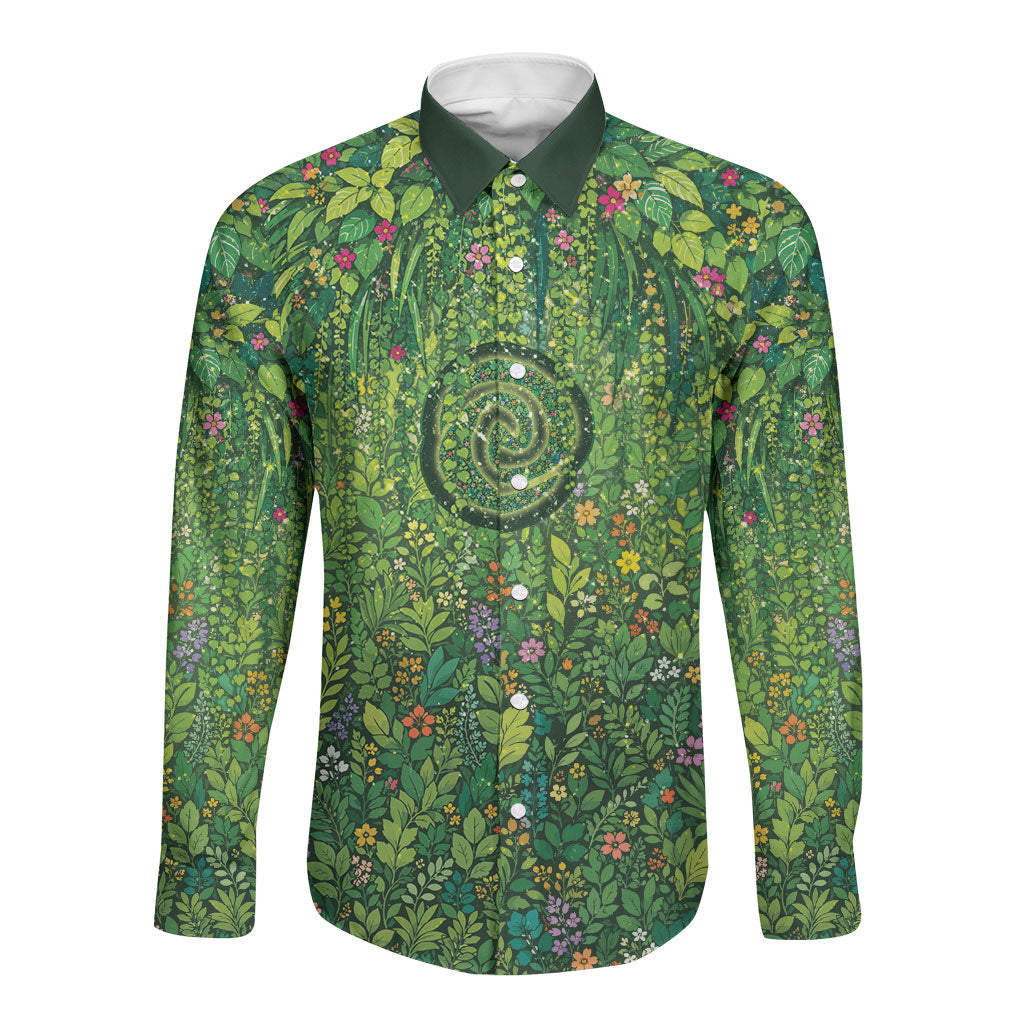 Polynesia Mother Nature Long Sleeve Button Shirt Glowing Heart Spiral Tropical Vine Floral