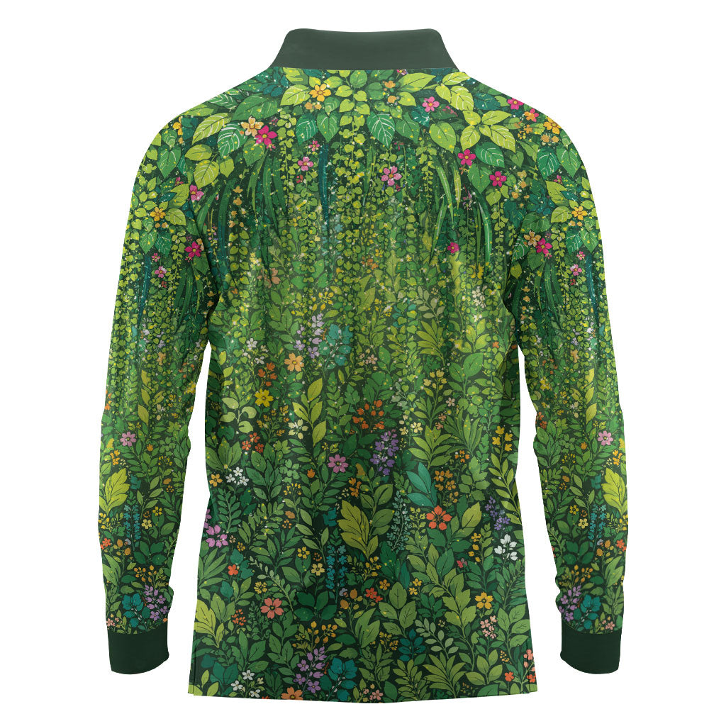 Polynesia Mother Nature Long Sleeve Polo Shirt Glowing Heart Spiral Tropical Vine Floral