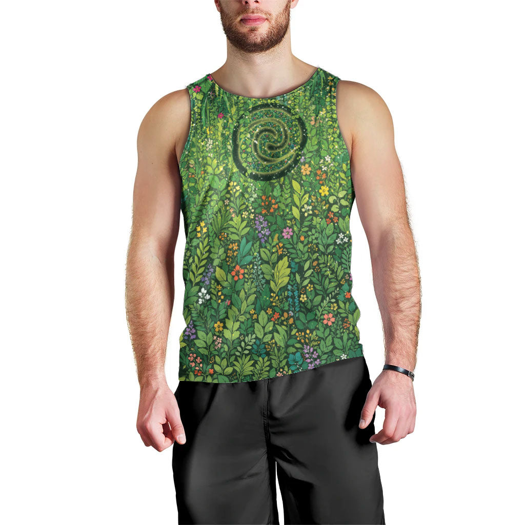 Polynesia Mother Nature Men Tank Top Glowing Heart Spiral Tropical Vine Floral