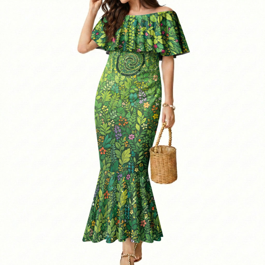 Polynesia Mother Nature Mermaid Dress Glowing Heart Spiral Tropical Vine Floral