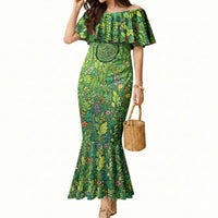 Polynesia Mother Nature Mermaid Dress Glowing Heart Spiral Tropical Vine Floral
