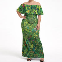 Polynesia Mother Nature Off Shoulder Maxi Dress Glowing Heart Spiral Tropical Vine Floral