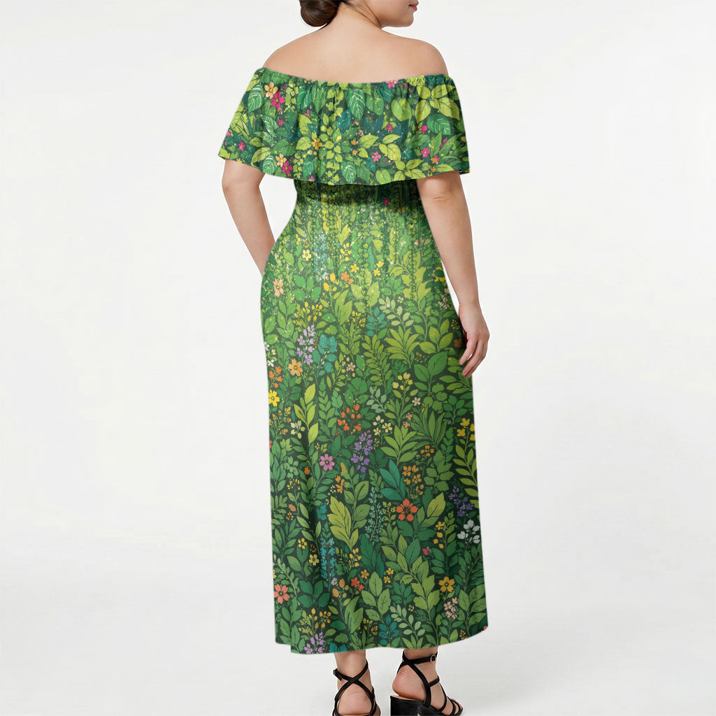 Polynesia Mother Nature Off Shoulder Maxi Dress Glowing Heart Spiral Tropical Vine Floral