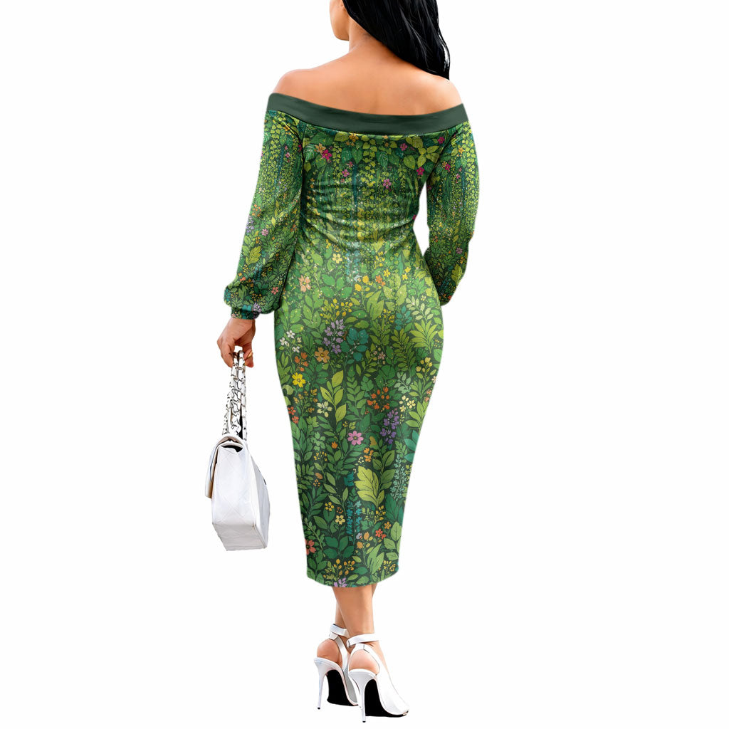 Polynesia Mother Nature Off The Shoulder Long Sleeve Dress Glowing Heart Spiral Tropical Vine Floral