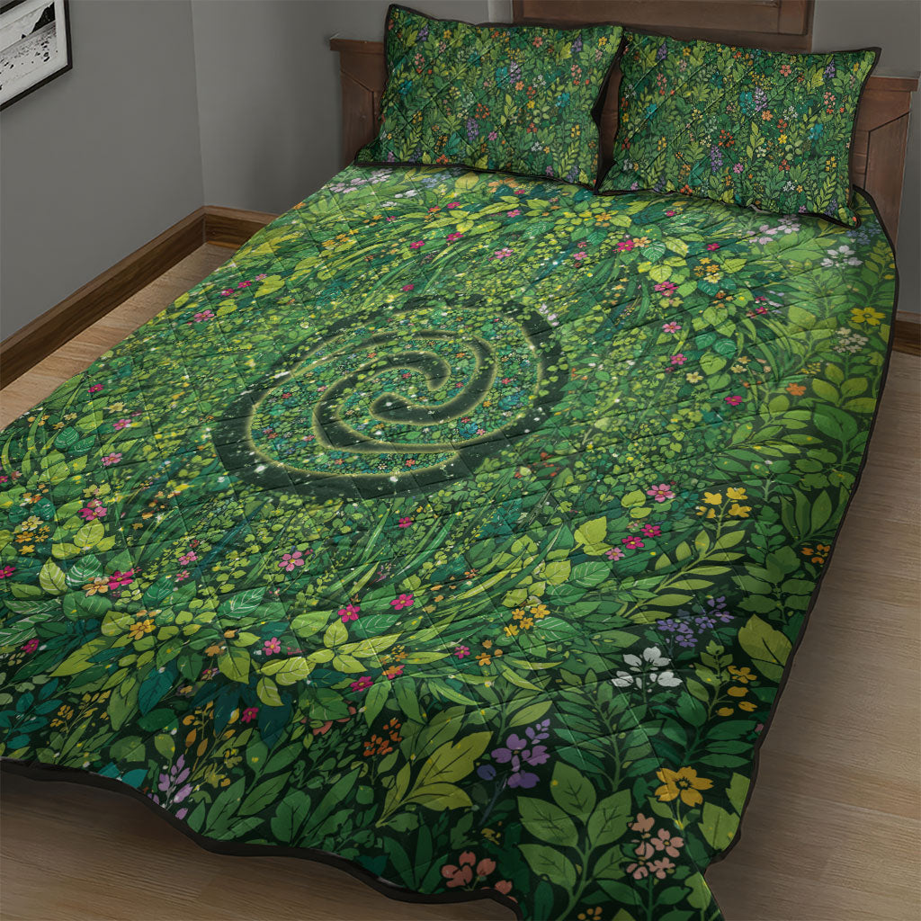 Polynesia Mother Nature Quilt Bed Set Glowing Heart Spiral Tropical Vine Floral