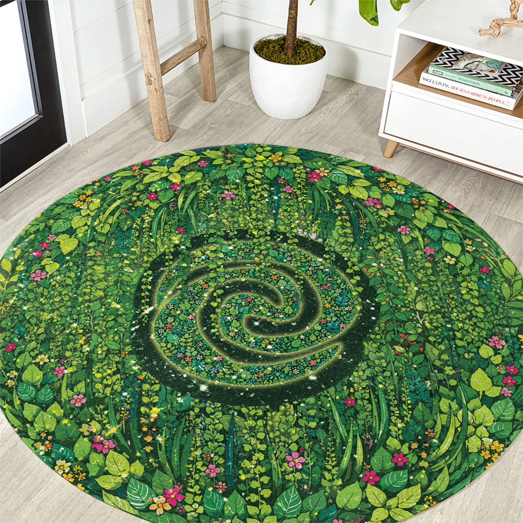 Polynesia Mother Nature Round Carpet Glowing Heart Spiral Tropical Vine Floral