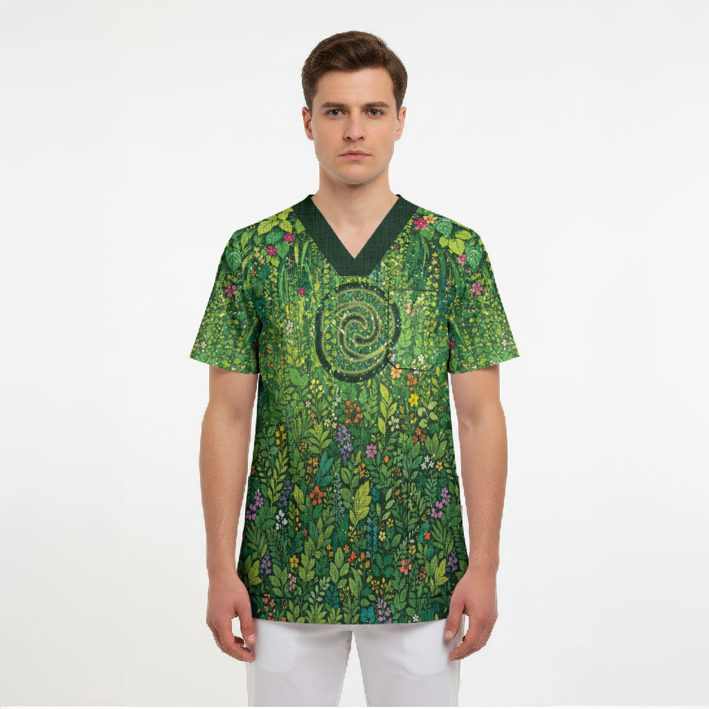 Polynesia Mother Nature Scrub Top Glowing Heart Spiral Tropical Vine Floral