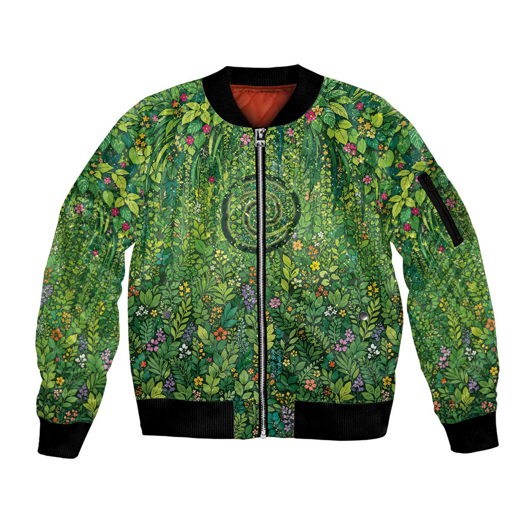 Polynesia Mother Nature Sleeve Zip Bomber Jacket Glowing Heart Spiral Tropical Vine Floral