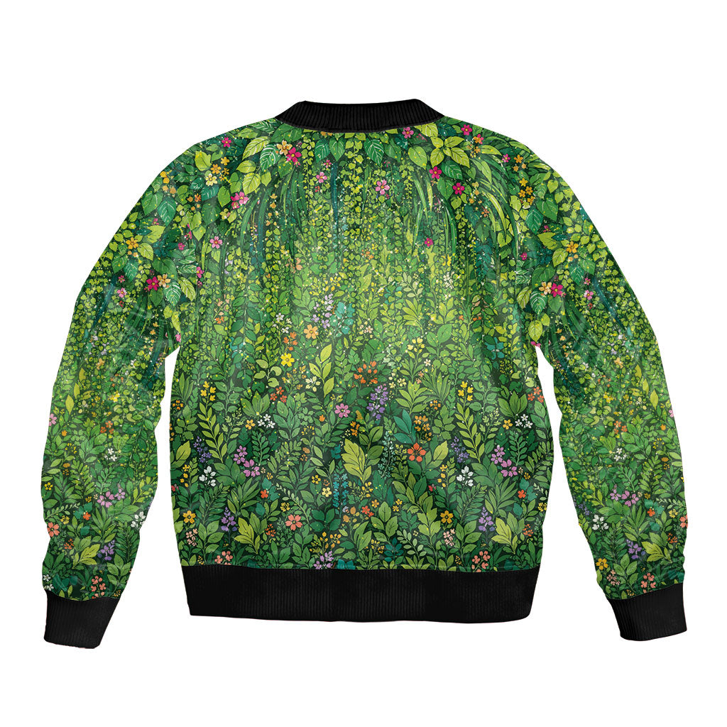 Polynesia Mother Nature Sleeve Zip Bomber Jacket Glowing Heart Spiral Tropical Vine Floral