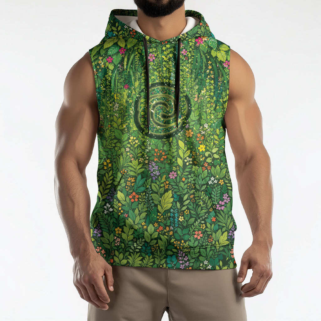 Polynesia Mother Nature Sleeveless Hoodie Glowing Heart Spiral Tropical Vine Floral